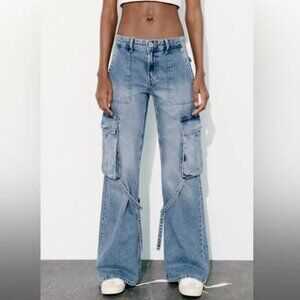 ZARA VIRAL TRF HEAVWEIGHT LOOSE CARGO JEANS MID RISE BELTED SIZE 0